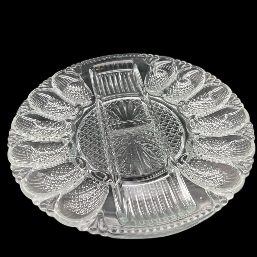 L.E. Smith Cut Glass Egg Appetizer Serving Plate Divided Vintage 1959